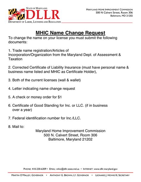 MHIC Name Change Request in Word and Pdf formats