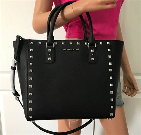 MICHAEL KORS STUDDED TOTE BAG BLACK AND SILVER Good