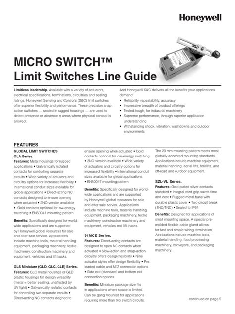 MICRO SWITCH™ Limit Switch Line Guide - Farnell