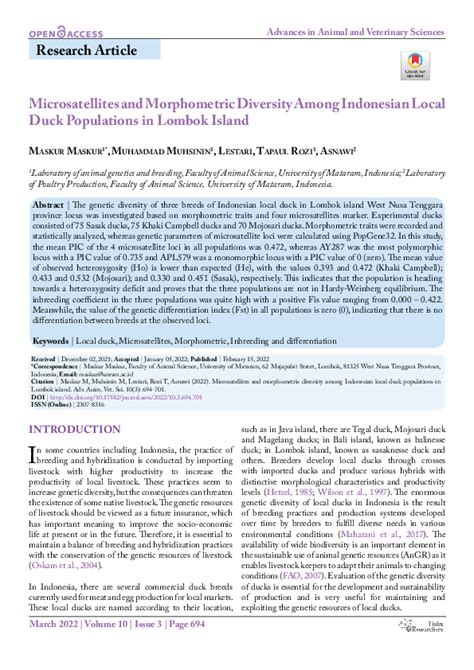 Microsatellites and Morphometric Diversity Among Indonesian Local Duck ... - raincitystudios.com