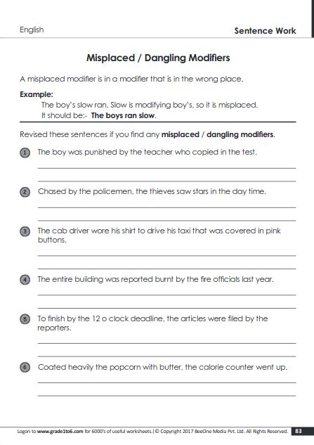 MISPLACED and DANGLING MODIFIERS Lessons Worksheets Common Core