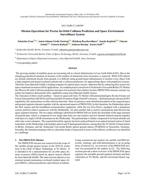 Mission operations for precise in-orbit collision prediction and space ... - wintechmobiles.com