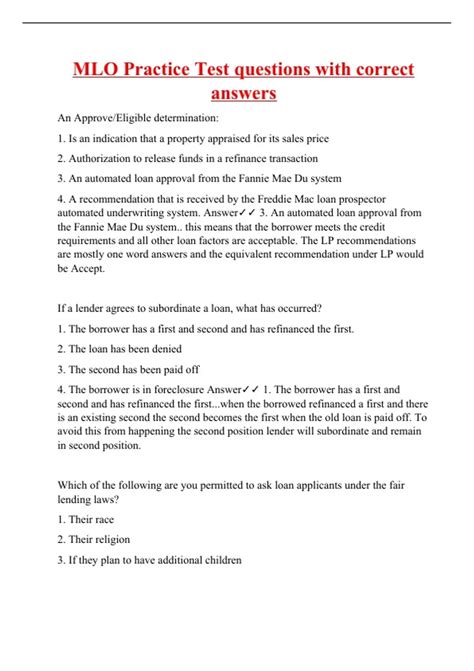 MLO Practice Test questions with correct answers Safe MLO Stuvia US
