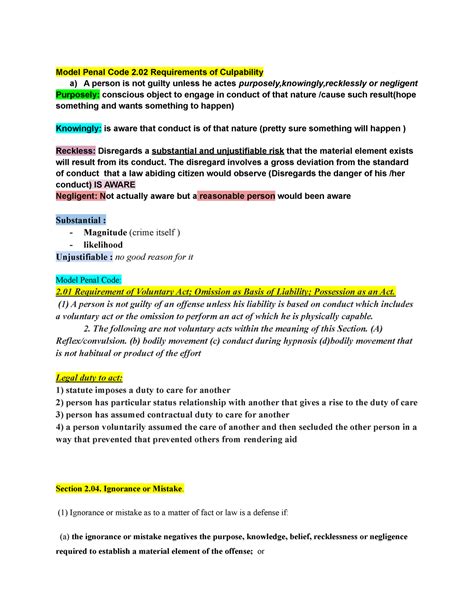 MPC Cheat Sheet [Acts and Omissions] Model Penal Code (“MPC”) Sect.2