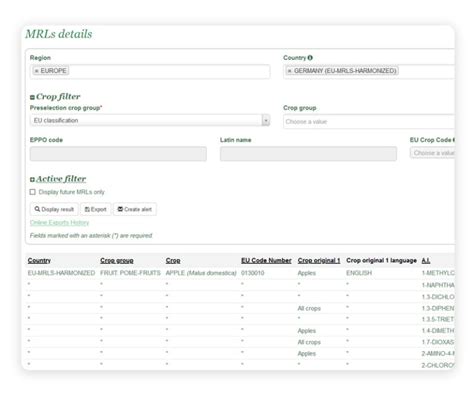 MRLs database - Maximum Residue Levels Homologa