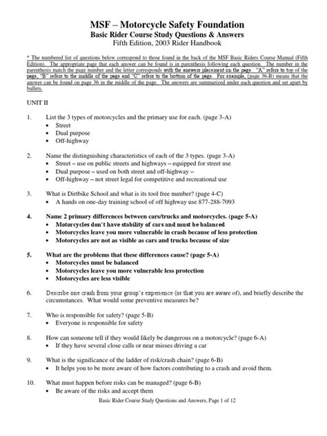 MSF Basic Rider Course Study Guide Motorcycle Traffic