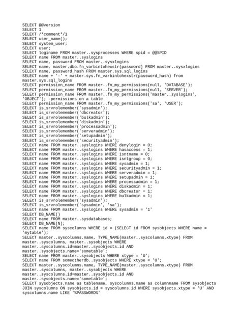 MSSQL Injection Cheat Sheet PDF Security Cyberwarfare
