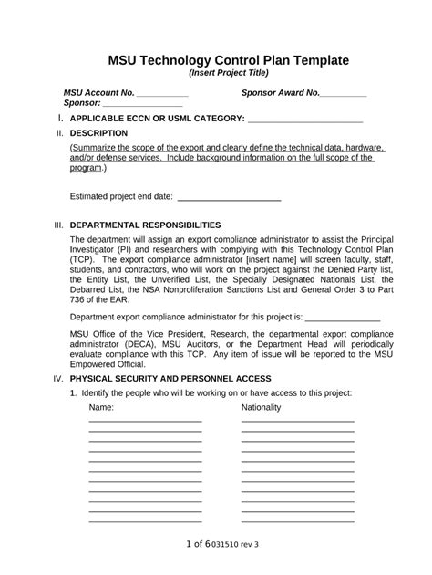 MSU Technology Control Plan Template Doc Template pdfFiller