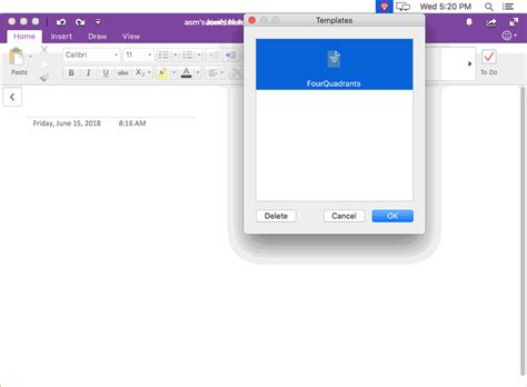 Mac Select Template from List, and Insert Into OneNote Office