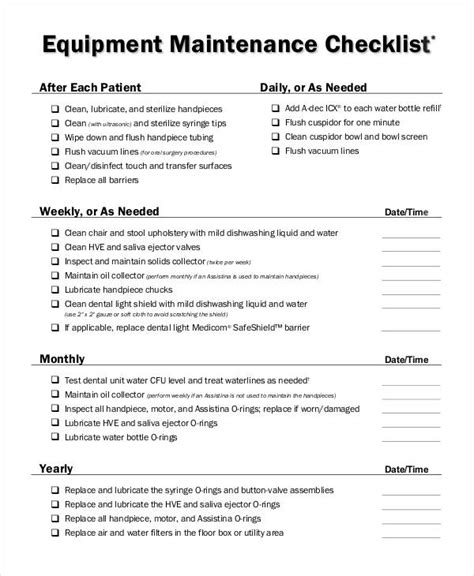 Machine Maintenance Checklist Format