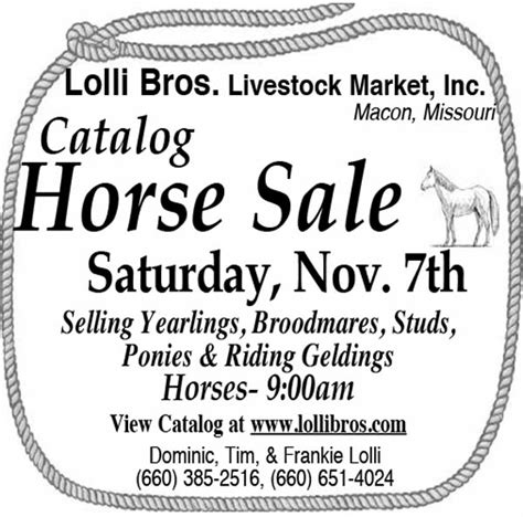 May 6, 2023 · Catalog Horse Sale @ Lolli Livestock Market. Saturday, May 6, 2023; 9:00 AM 6:00 PM 09:00 18:00; Google Calendar ICS; ... Macon R-1 High School Graduation - at Hugh ... . 