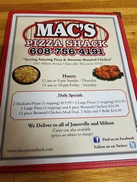 Macs pizza shack. Mac's Pizza Shack - Janesville 2307 Milton Avenue. Chicken Dinner. Chicken Strips. Chicken Nuggets. Chicken Wings. Specialty Pizza. Taco Pizzas. Dipping Sauces. … 