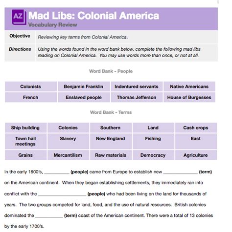 Mad libs colonial america answer key. Word Bank - People Colonists Benjamin Franklin Thomas Jefferson Native Americans French George Washington Americans soldiers Word Bank - Terms … 