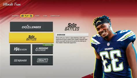 Solo battles are head-to-head games against the computer. Users can play four fresh battles per day, and conceding or losing connection counts as a loss. The rules are standard NFL rules and users play with their own MUT team. Users receive more rewards for winning solo battles than when they lose. Completing solo battles often gains progress .... 