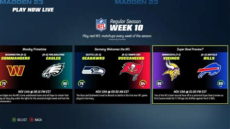 Jan 13, 2023 · As mentioned in the Madden NFL 23 patch notes yesterday, EA has added Franchise Mode starting points for Week 17 and Super Wild Card Weekend today. Users can now begin their new franchises at the regular season week 17 starting point or at this weekends Wild Card matchups. The team also updated the Play Now Live roster with the Super Wild Card ... . 