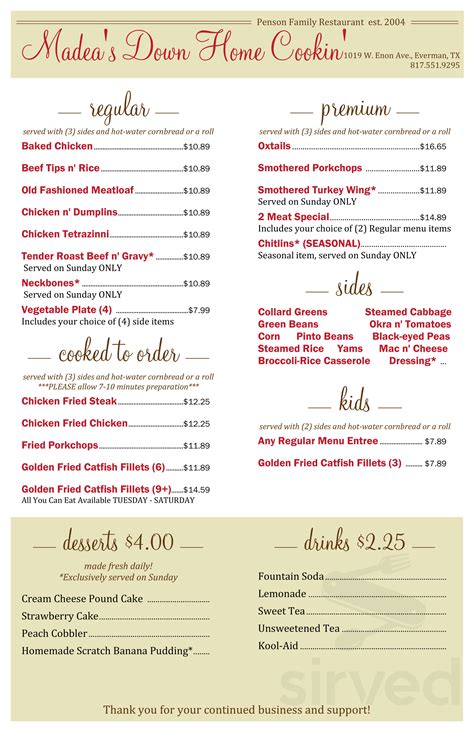 Madea's down home cooking menu. Delivery & Pickup Options - 425 reviews of Madea's Down Home Cooking "Corn, okra, and collard greens, oh my! But let's not stop there, there is plenty more rib-stickin eatin' to go to town on here. Ox-tails, meatloaf, black eyed peas, the list goes on! All offerings at this humble little neighborhood eatery are absolutely soulful. 