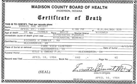 Madison county indiana death notices. Only sixty-seven of the ninety-two counties had their birth and death records (1882-1920) and marriages (generally 1850-1920) collected. The completed county indexes are available in print at the Indiana State Library and Allen County Public Library, among others (Indiana, Ancestry's Red Book by Carol L. Maki, edited by Alice Eichholz. 