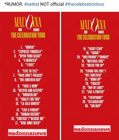 Madonna celebration tour setlist. Madonna certainly wasn't tired, and that was the point of the whole show, a tour de force of some of her biggest hits paired with surrealistic visuals that didn't end until 1 a.m. 