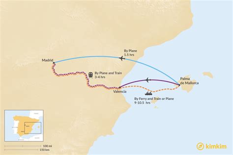 Madrid to mallorca. There is no direct connection from Madrid City Center to Mallorca. However, you can take the train to Aeropuerto Madrid Barajas T4. Cercanías, walk to Madrid (MAD) airport, fly to Palma Mallorca (PMI), walk to 547-Aeroport - Arribades, take the bus to 1078-pl. d'Espanya - Estació Intermodal, then take the line 401 bus to Montuïri 2. 