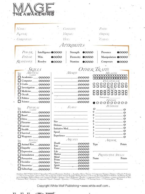 Mage the Awakening Character Sheet