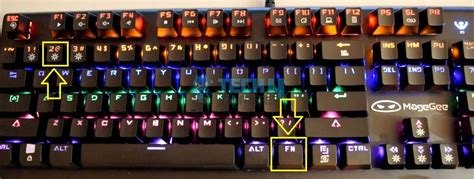 On the keyboard, press and hold the Fn key While holding down the Fn key, press the keys corresponding to the desired colors: blue (Fn+1), red (Fn+2), purple... Release both keys when finished. 