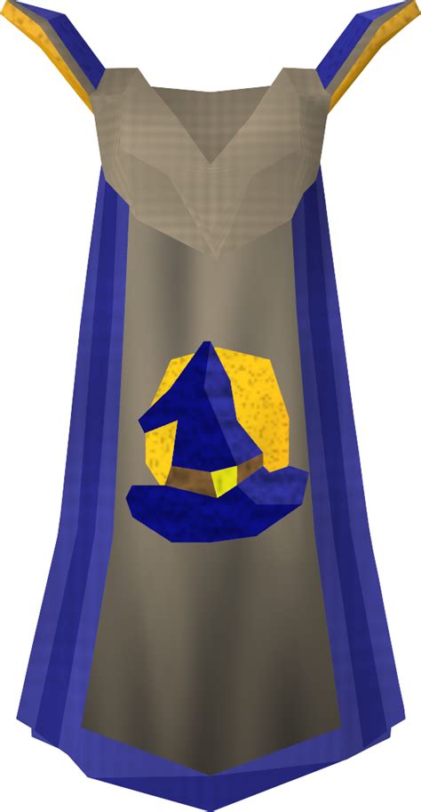 A Magic cape can be purchased for 99,000 coins alongside the Magic hood from Wizard Sinina at the Wizards' Guild by players who have achieved level 99 Magic. It is the Cape of Accomplishment for the Magic skill. Whereas most skill capes are coloured in grey, the magic cape is the only cape to have gold colouring on the upper chest and back areas, along with the edges of the shoulder plates. .