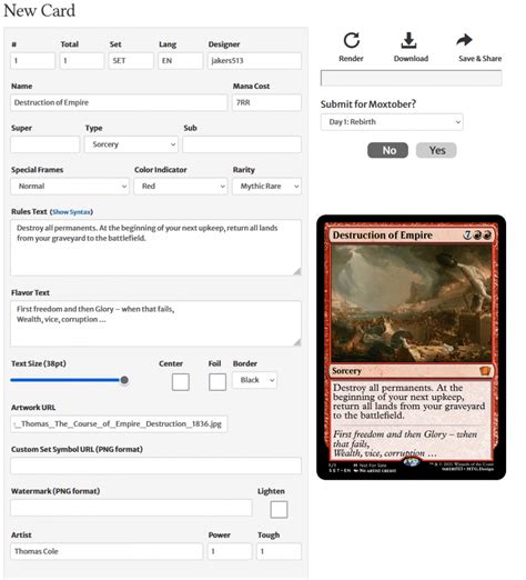Magic card maker. Step 1: Upload artwork over 650px wide. Art must be less than 1MB in size. Step 2: Crop your photo using the display provided. Step 3: Enter your card details. 