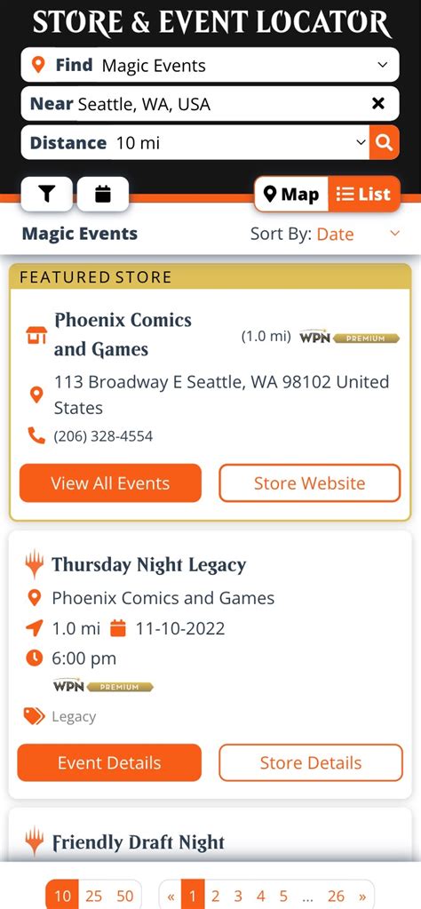 Magic event locator. Visit the MTG Locator website and navigate to the search bar. Enter your location and any relevant keywords (e.g., “Standard,” “Commander”). Click the “Search” button to view a list of playgroups in your area. Use the filters to narrow down your search results based on location, format, playstyle, and other criteria that matter to you. 