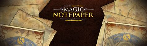 Magic notepaper is a reward from Treasure Hunter and clover necklaces, and can be purchased with 500 thaler for 100 magic notepapers. When an item from inventory is used on magic notepaper, it will instantly convert that item (and any identical items) into notes, thus allowing the items to stack. Doing so will consume 1 magic notepaper per item in …. 
