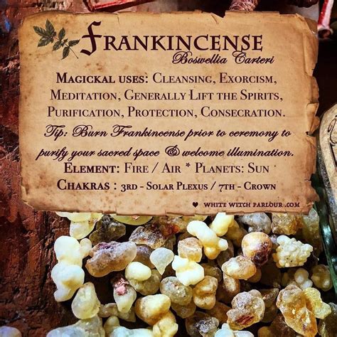 Magickal properties of frankincense. Frankincense Resin. It’s more known for its medicinal benefits, but you can mix with Cumin and burn as incense for powerful protection. Also Called: Frankincense Tears, Olibanum. ... These shrubs’ magickal properties include love, happiness, luck, and protection from evil. Carry quince seeds in a red flannel bag to protect against physical ... 