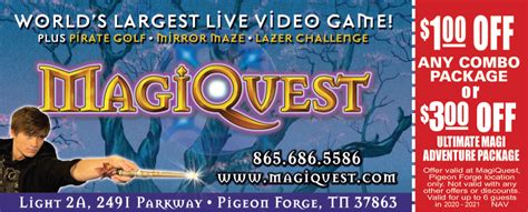 Magiquest coupon code. 10:00 AM - 8:00 PM. Write a review. About. MagiQuest is an interactive live-action, role playing game where players embark on quests and adventures. We also offer special FX Pirate Golf, an indoor 18 hole miniature golf course, a newly renovated Mirror Maze, plenty of arcade games, and concessions too! 