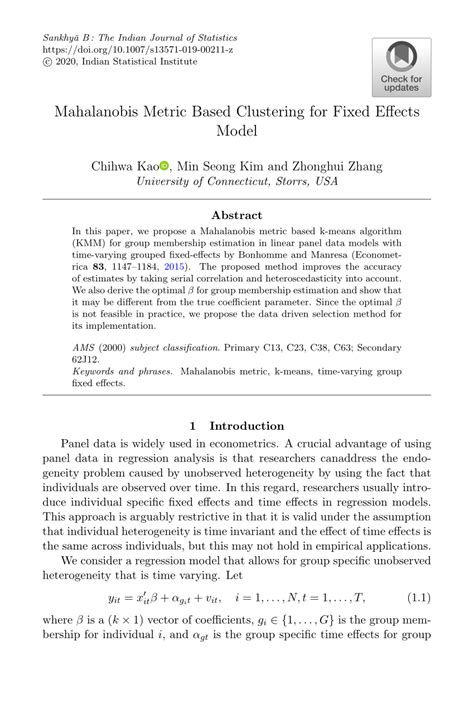 Mahalanobis Metric Based Clustering For Fixed Effects Model Springerlink