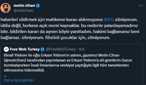 Mahkeme, Metin Cihan’ın İsrail’e sevkiyat yapan gemilerle ilgili tweetine yasak getirdi