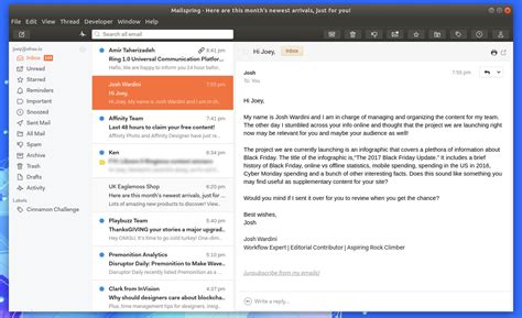 Mail client application. The Best Free Email Clients. 1. Gmail. 2. Canary Mail. 3. Mozilla Thunderbird. 4. Mailbird. 5. Edison Mail. 6. eM Client (partially). 7. Mailspring (partially). 8. ProtonMail (partially). The Best Paid … 