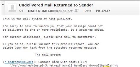 Mailer deamon. Sep 25, 2023 · Secara singkat, Mailer-Daemon ini merupakan program yang secara otomatis berfungsi untuk mengirimkan pesan pemberitahauan kepada pengirim email saat sebuah email tidak bisa dikirimkan. Nah sebaliknya, apabila saat mengirim sebuah email dalam keadaan normal dan baik-baik saja, maka anda tidak akan mendapatkan pesan apapun dari Mailer-Daemon. 