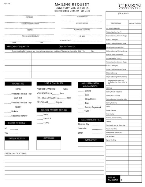 Mailing Request Form Clemson University Download Fillable PDF