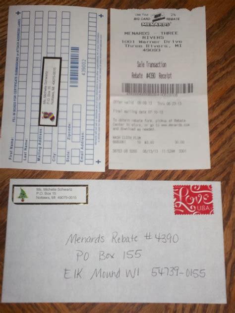 The rebate address for Menards can be found on the rebate form. You should send the form and its accompanying receipt to that address. All Menards, however, have the same Wisconsin PO Box destination. Rebate offers typically have an address of "Rebate Offer, P.O. BOX 155, EIK Mound, WI 54739- 0155" for mailing.. 