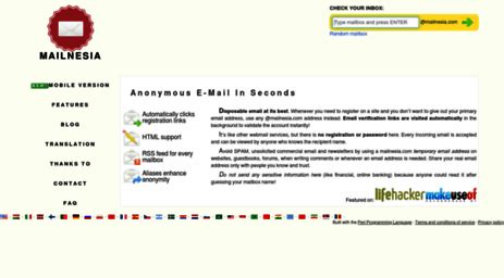 Mailnesia. Sep 27, 2013 ... MailNesia 是一個免費匿名信箱服務. 使用者可以在這網站上快速產生一個暫時的Email 地址. 可用來收一些暫時性的信件. 且支援中文顯示並不會出現亂碼. 
