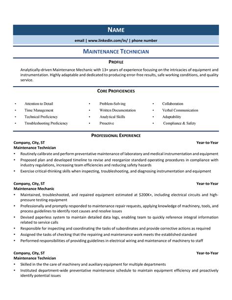 Maintenance technician resume. Core Skills: Maintenance and Repair of Mechanical Systems. Troubleshooting and Diagnosis. Preventative Maintenance. Component Installation. Record Keeping. … 