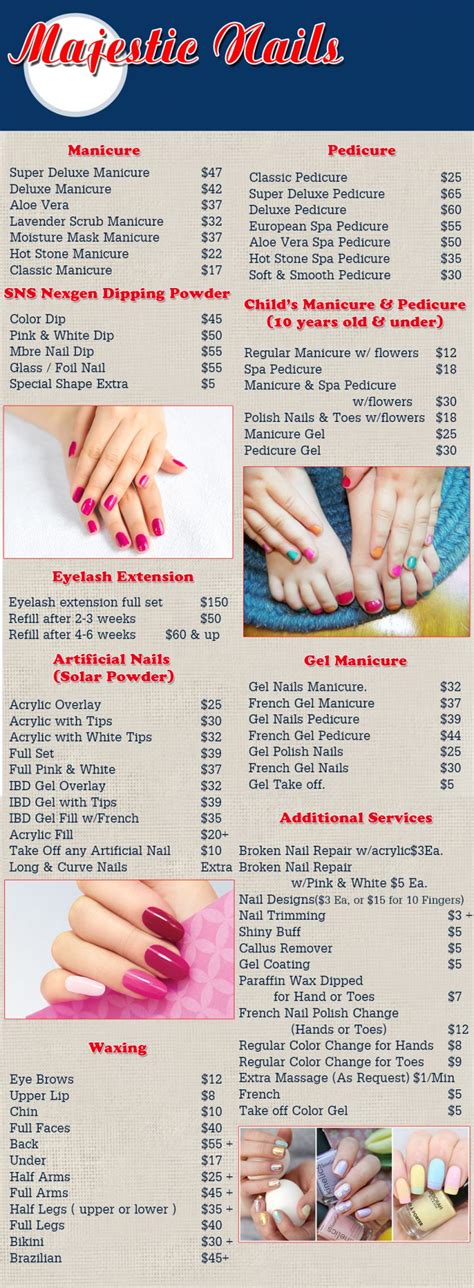 Majestic nails prices. Specialties: Pedicure, Manicure, artificial nails, waxing, eyelashes extension Established in 2015. The Huynh family has been working in the nail business for over 20 years. We own several nail salons in Dallas/Forth Worth area. We sold them all and moved to Lubbock to work 4 years ago. We finally found this location in February 2015 and the Huynh brothers decided to partner and build a brand ... 