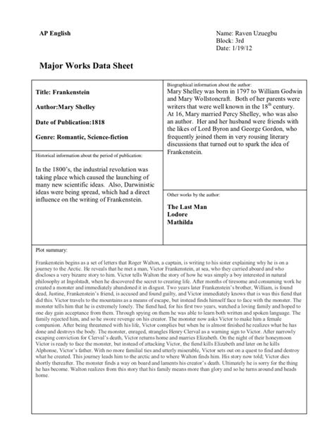 Major Works Data Sheet Frankenstein overfasr