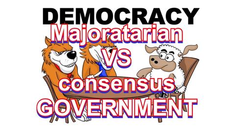 The majoritarian interpretation of the basic definition of democracy is that it means “government by the majority of the people.”. It argues that majorities should govern and that minorities should oppose. This view is challenged by the consensus model of democracy. . 