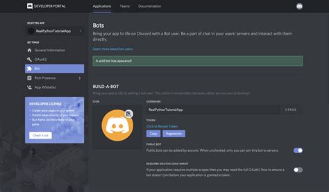 Make a discord bot. After we created the discord application, we need to create a bot for our application. This can be achieved by clicking at the left on bot and create a bot for our application. The generation was ... 