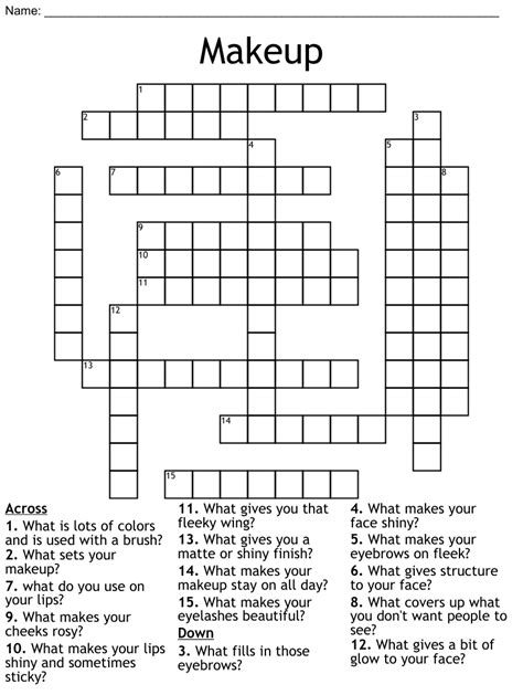 makeup Crossword Clue. The Crossword Solver found 60 answers to "makeup", 7 letters crossword clue. The Crossword Solver finds answers to classic crosswords and cryptic crossword puzzles. Enter the length or pattern for better results. Click the answer to find similar crossword clues . Was the Clue Answered? Not all answers shown, provide a .... 