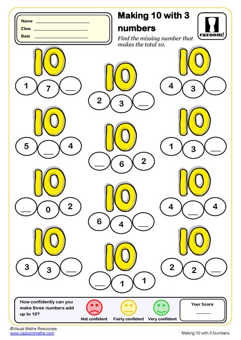 Making 10 with three numbers Worksheet Key Stage 1 PDF Addition
