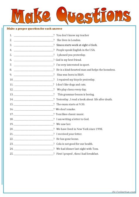 Making Questions Worksheet With Answers