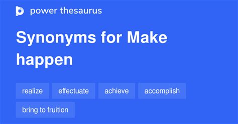 Making happen synonym. Synonyms for happen in Free Thesaurus. Antonyms for happen. 75 synonyms for happen: occur, take place, come about, follow, result, appear, develop, arise, come off ... 