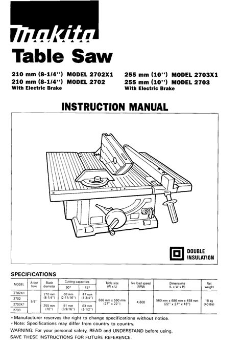 Makita 2702 Table Saw User Manual