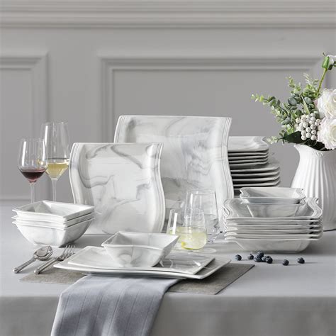 About this item . WHAT'S IN THE BOX - MALACASA grey-white dinnerware sets for 12 include 9.7'' dinner plates, 7.4'' dessert plates, and 12 OZ soup plates.The square plate bowl set is versatile and suited for various dining environment and bring a delightful dining experience for all your family.. 