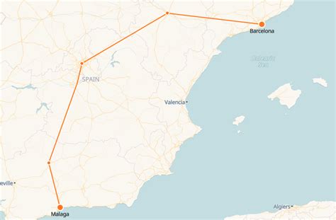 What companies run services between Barcelona, Spain and Málaga, Spain? Vueling Airlines, Ryanair, and Iberia fly from Barcelona (BCN) to Malaga (AGP) every 3 hours. Alternatively, Renfe AVE operates a train from Barcelona-Sants to Malaga Maria Zambrano 3 times a day. Tickets cost $85–120 and the journey takes 6h 21m..